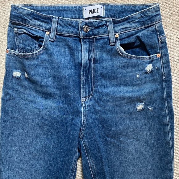 Paige Sarah Slim Distressed Knee Straight Leg High Rise Mid Wash Jeans Size 27 - Picture 5 of 13